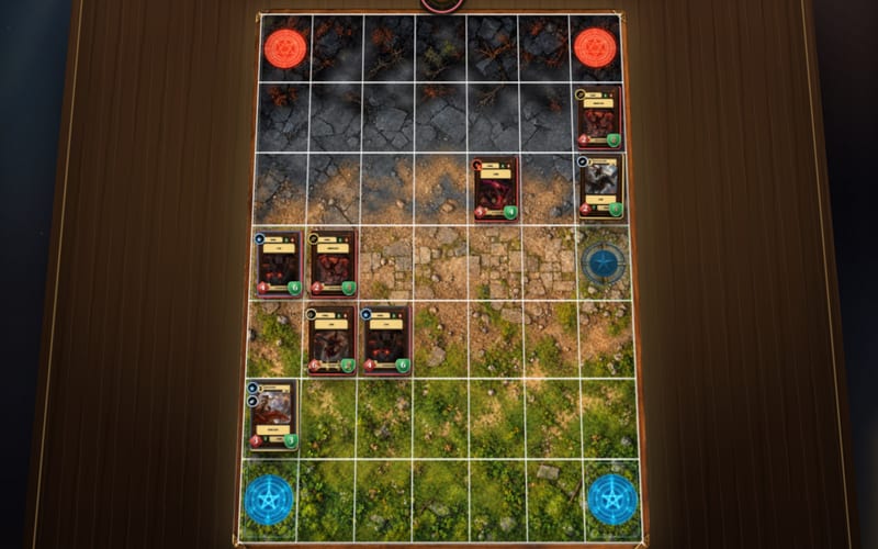 A Standard match late on, nine creatures spread across the 7×7 board