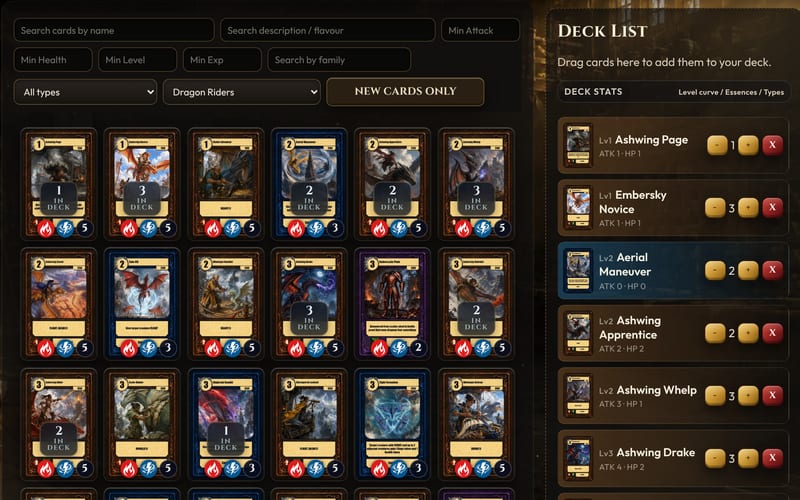 The deck builder, with a Dragon Riders deck being put together
