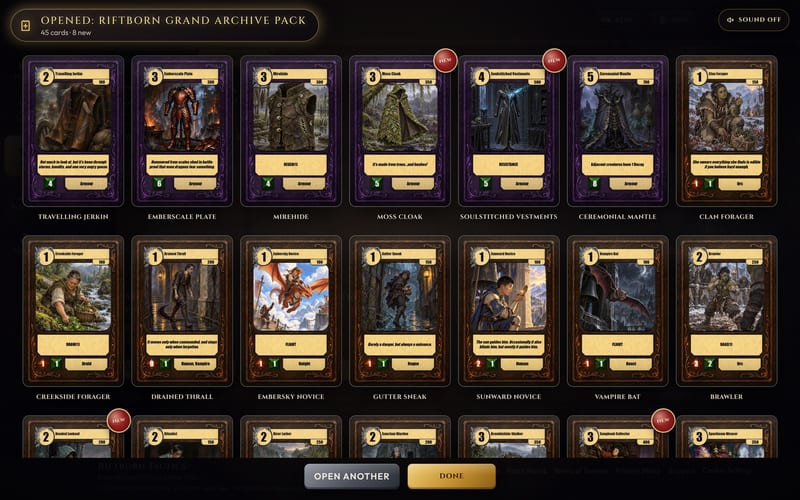 A 45-card pack opened, its new cards marked